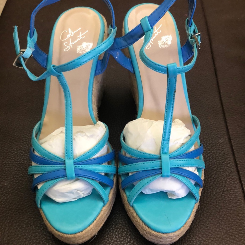 NWT Colin Stuart  2 diff blue straps jute wedge.